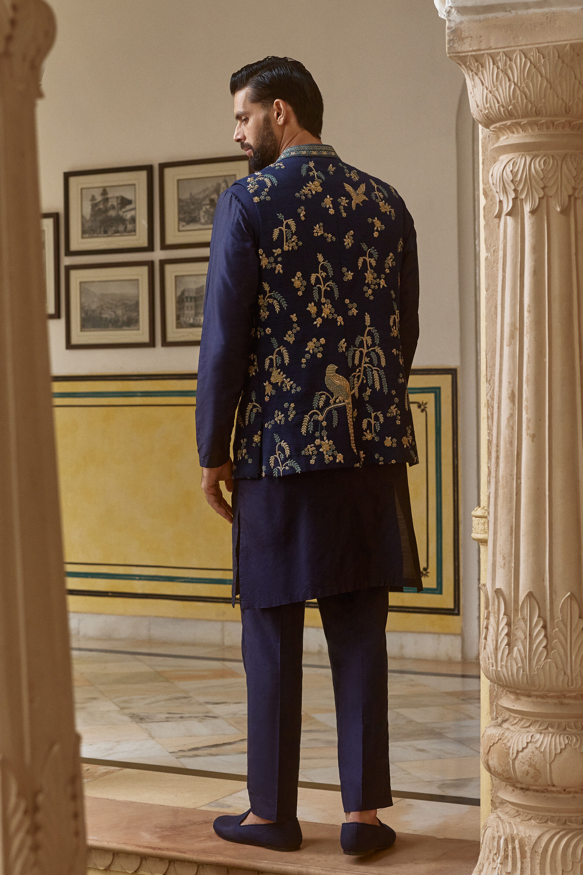 Azar Embroidered Silk Nehru Jacket - Navy Blue